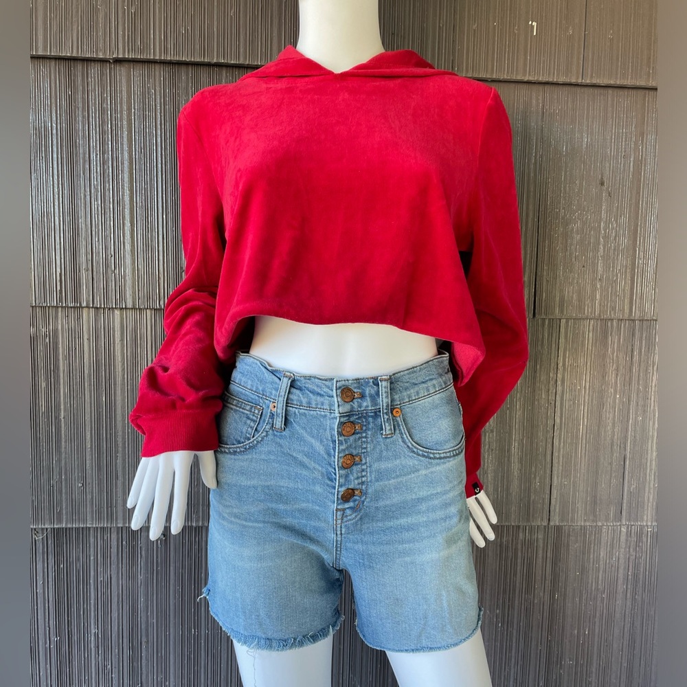 🔥True Religion Red Velvet Hood Pullover Cropped Sweater Women Size Large